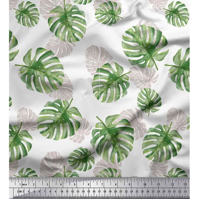 Soimoi White polyester Crepe Fabric Monstera Leaves Printed Fabric 1 Yard 42 Inch Wide