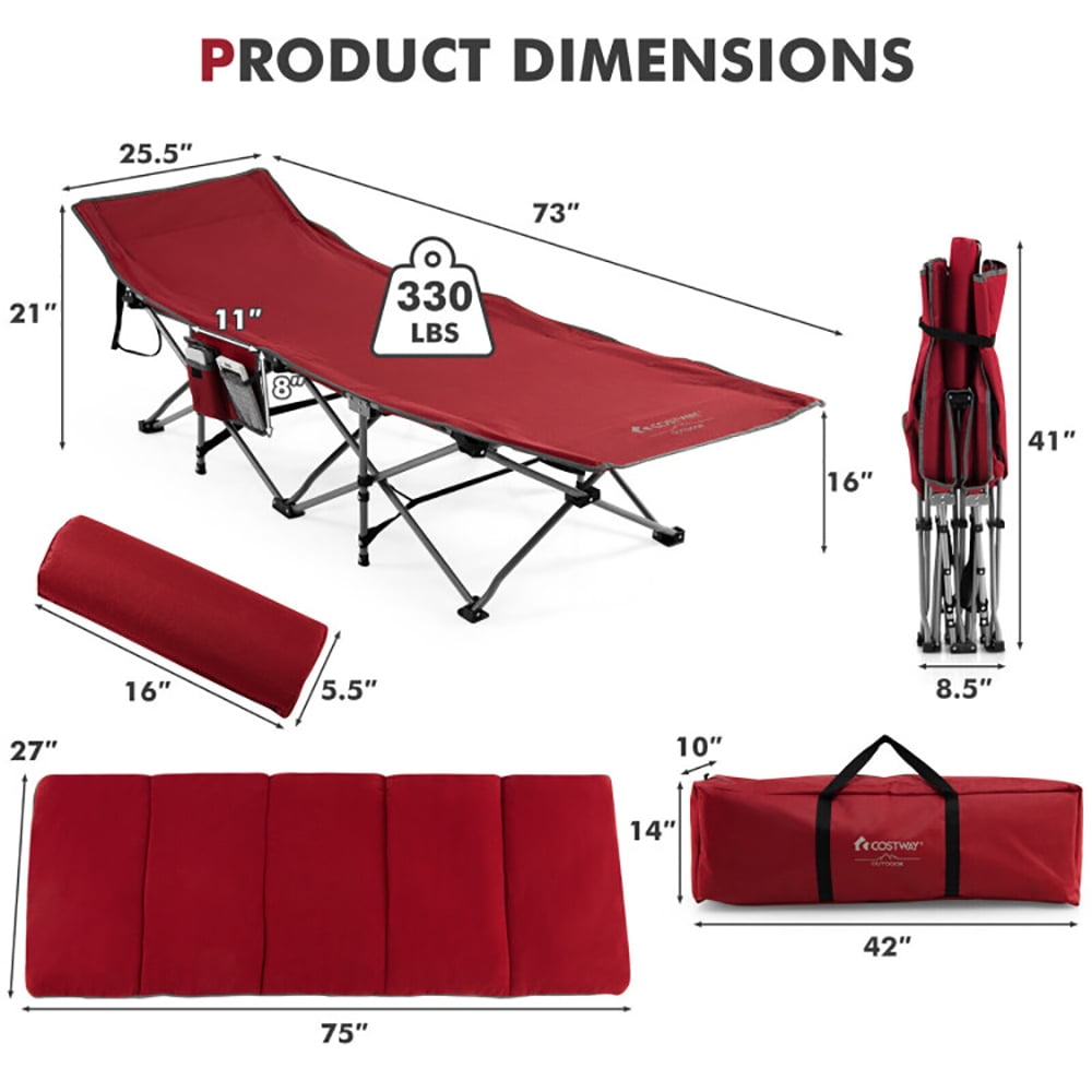 Aimee Lii Folding Retractable Travel Camping Cot with Mattress and Carry Bag, Outdoor Portable Camping Bed for Sleeping Hiking Travel, Red