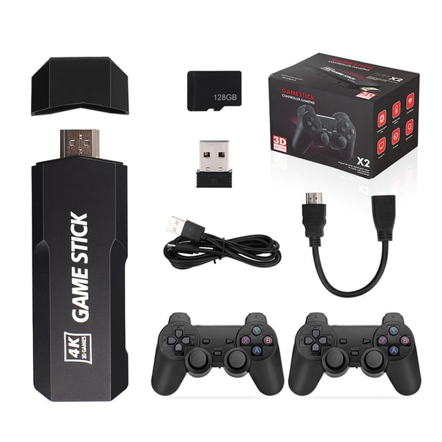 4k hd game stick 3d rocker 2.4g soporte expansión de tarjeta tf para ps1 (128g) Stick HDMI 4K negro con tapa, tarjeta microSD 128GB, adaptador USB 2.4GHz, cable micro‑USB, cable HDMI corto y dos controles inalámbricos tipo PS dispuestos sobre fondo blanco; opción frecuentemente usada para jugar títulos retro en televisores compatibles.
