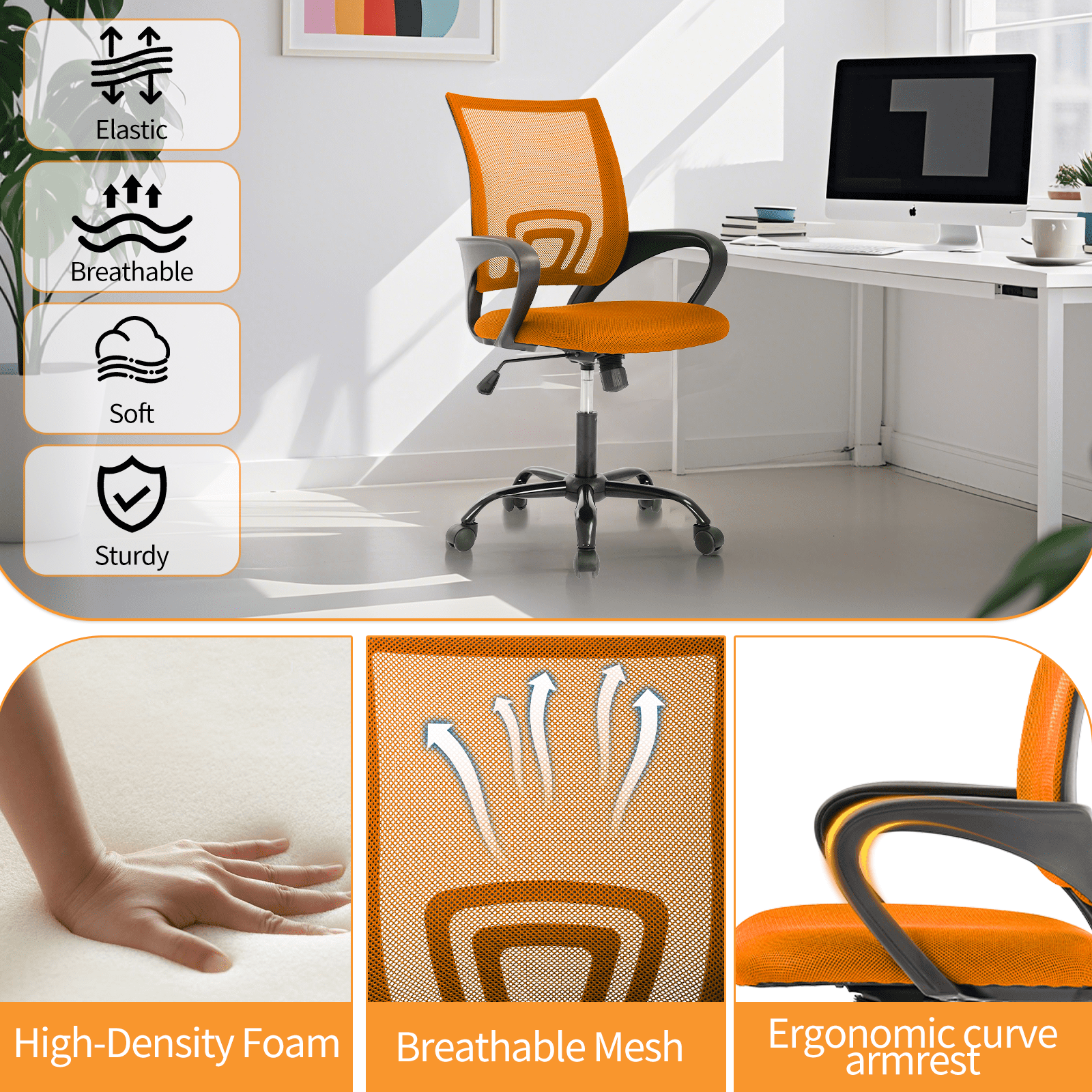 Mid Back Desk Chair Mesh Office Chair Height Adjustable Computer Chair Comfortable Seat & Back Support Ergonomic Task Rolling Swivel Chair with 360 Degree Casters & Armrest,Orange