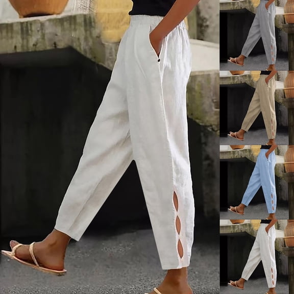 Wlynlyn Womens Pant Plus Size High Waisted Summer Beach Pants Straight Leg Hollow out Ankle Length Pants with Pockets