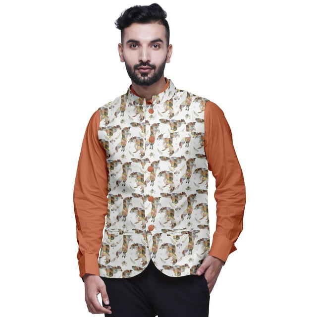 Atasi Medium Orange Animal Printed Wedding Jackets For Men Nehru Jacket Waist Coat For Festive Season-XX-Large