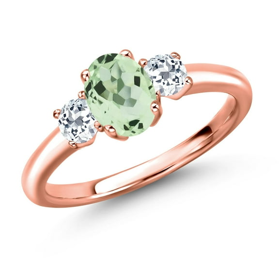 Gem Stone King 18K Rose Gold Plated Silver Green Prasiolite and White Topaz Engagement Ring for Women | 1.18 Cttw | Oval 7X5MM | Gemstone Birthstone | Size 7