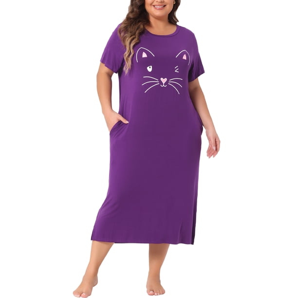 Camisones de Talla Grande para Mujeres Agnes Orinda con Cuello Redondo y Mangas Cortas, Pijama de Impresión de Gatos, Ropa de Casa con Bolsillo 1X Púrpura Oscuro