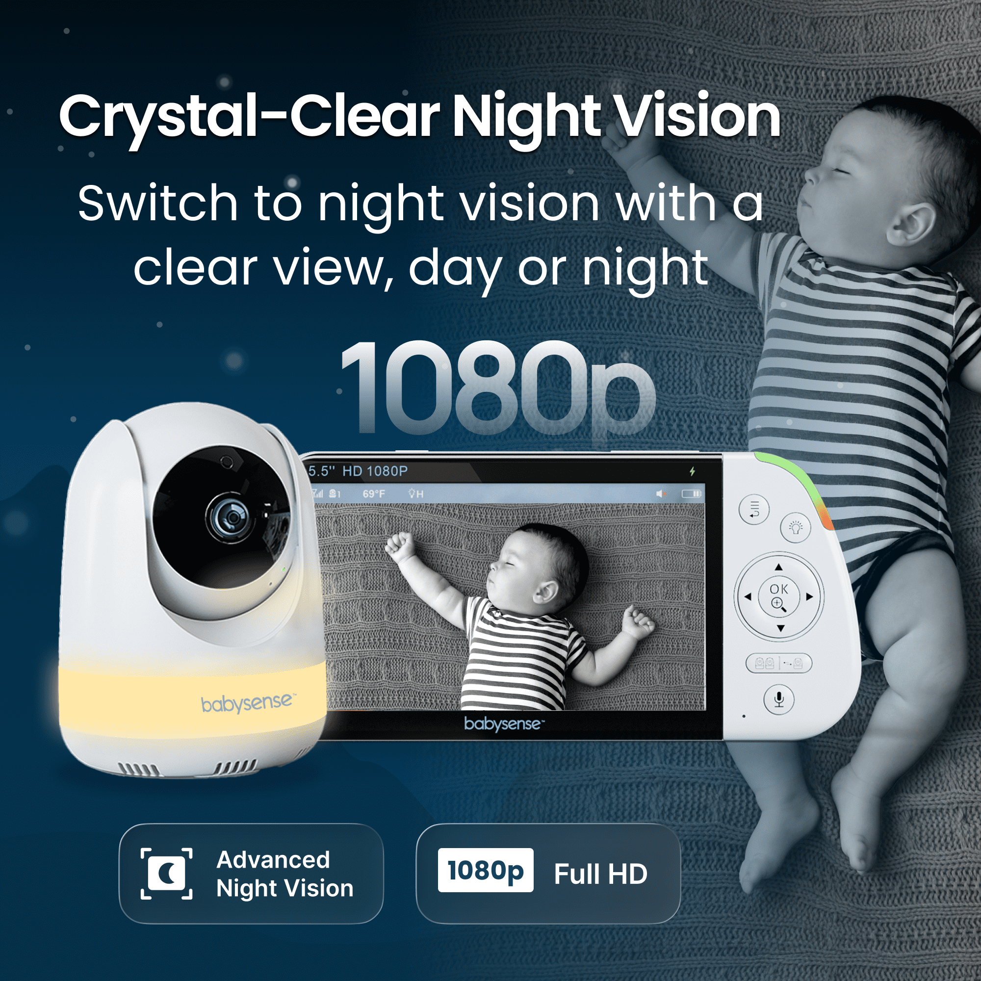 Babysense Full HD 5.5" Split Screen Baby Monitor with Camera and Audio, 6-Color Night Light, White Noise, Sound & Light Machine, 20-Hour Battery, Hack-Proof Non-WiFi Secure Connection