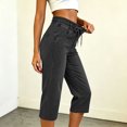 thumbnail image 6 of QIUOMBBP Woman's Straight Leg Denim Capris Elastic Waisted Drawstring Cropped Jeans with Pockets Solid Color Slim Bottoms Black L, 6 of 6