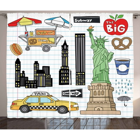 Doodle Curtains 2 Panels Set, New York City Manhattan Statue of Liberty The Big Apple Hot Dog Stand Sketch Style, Window Drapes for Living Room Bedroom, 108W X 84L Inches, Multicolor, by