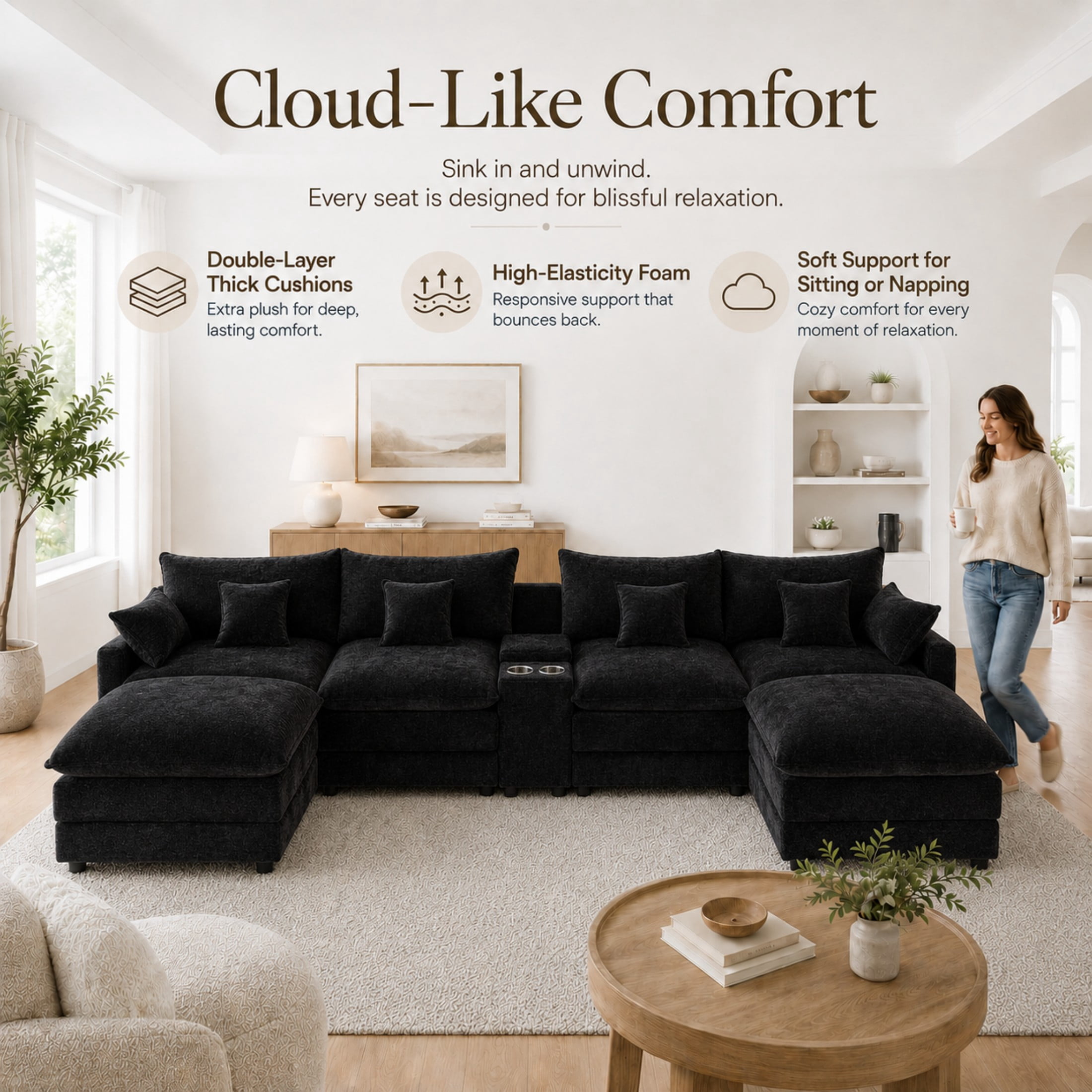 Aenkyo 141-Inch U-Shaped Chenille Cloud Sectional Sofa with Console, Black