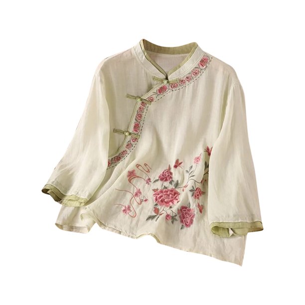 Vestidos Casuales Para Mujer, Blusas De Mujer De Moda Cárdigan informal de lino con cuello alto y botones bordados para mujer