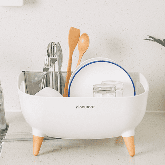 Nineware Kitchen Counter Compact Dish Drying Rack Over The Sink, 360° Rotatable Water Drain, Utensil Holder Included, Made in Korea (Cream White)