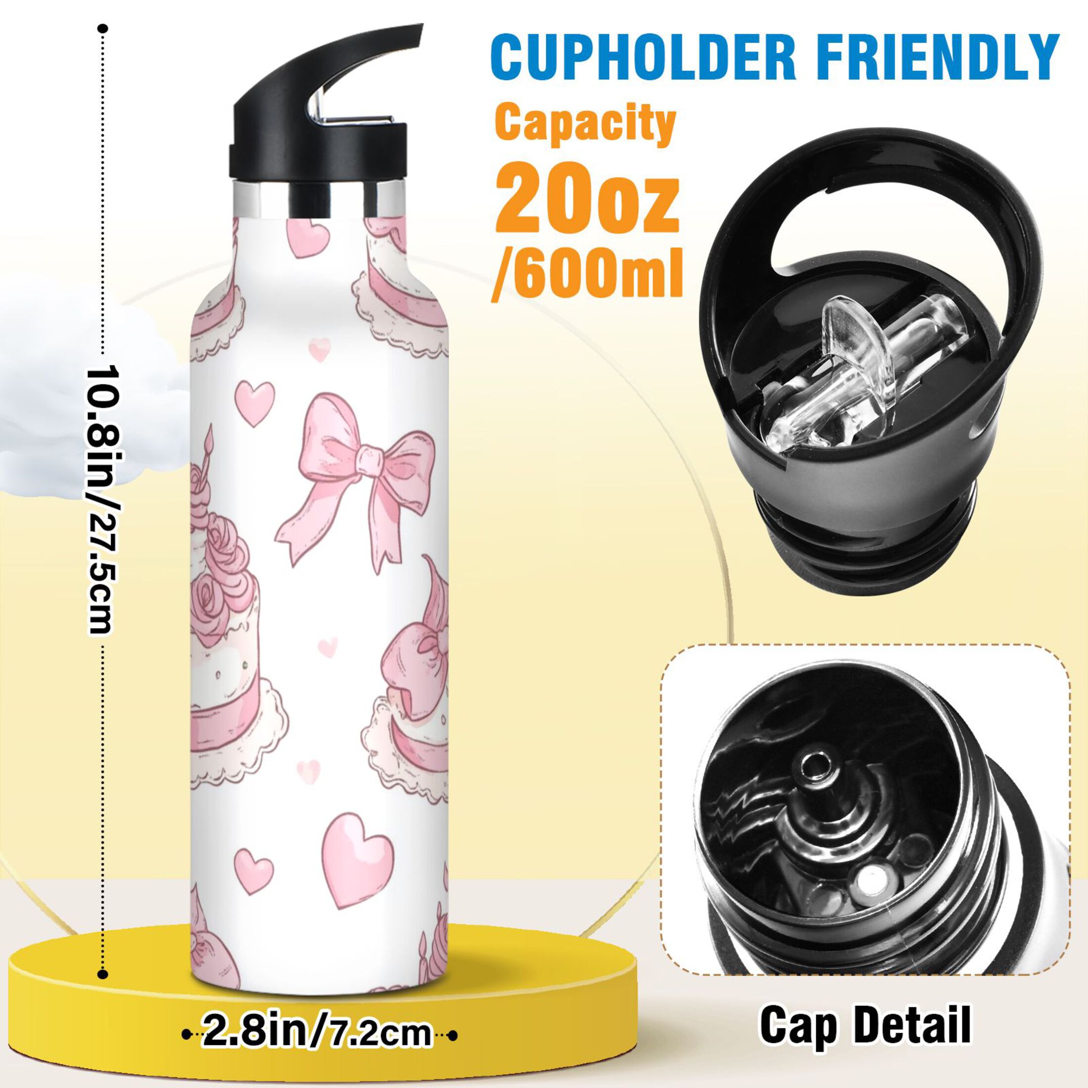 Kids Insulated Stainless Steel Sports Water Bottle 600ml (20oz) Cute Birthday Cake