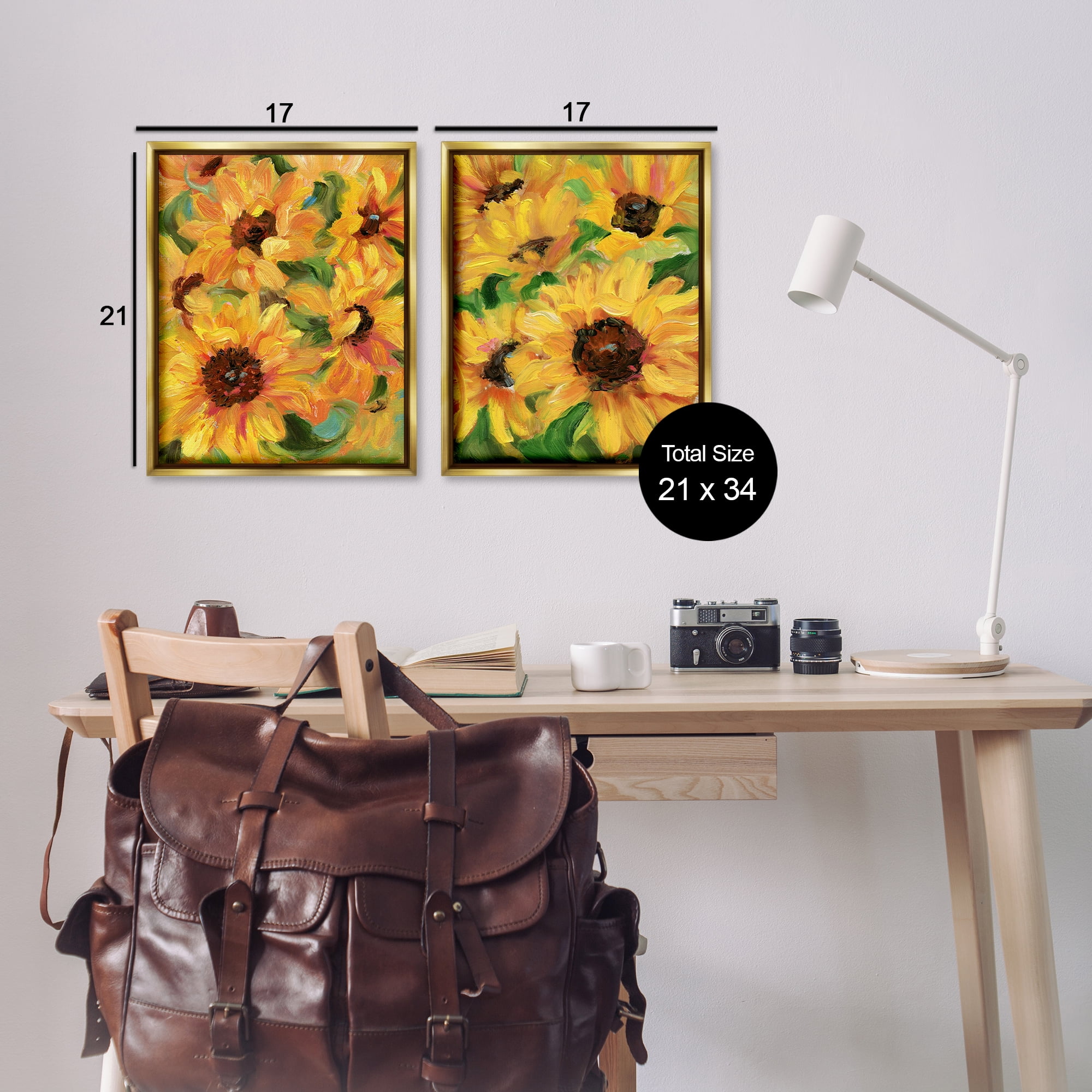 Stupell Industries Abstract Large Sunflower Blooms Plants & Flowers Painting Gold Floater Framed Canvas Art Print Wall Art, 17 x 21, Set of 2