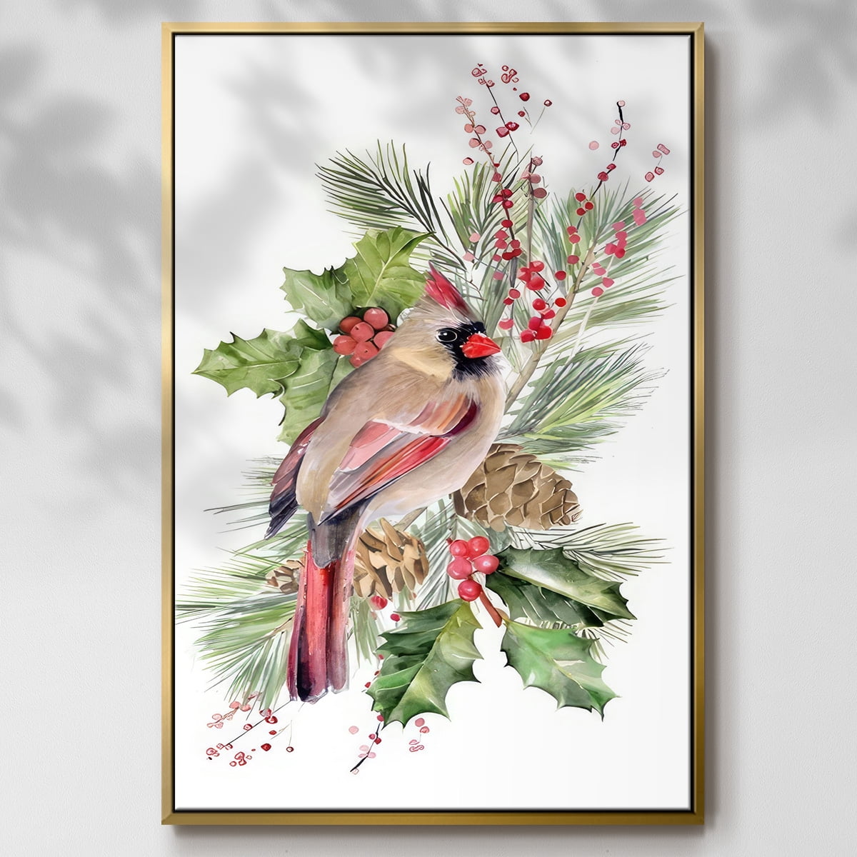 Cardinal Holly Christmas Collection B - Framed Gallery Wrapped Holiday Canvas - 17 x 25 - Gold Frame