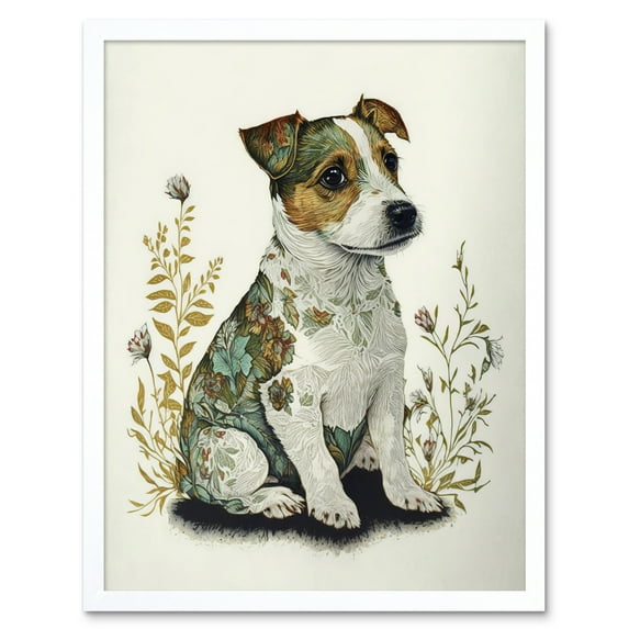 Cute Jack Russel Dog Puppy and Flower Patterns Colour Pencil Illustration Art Print Framed Poster Wall Decor 12x16 inch