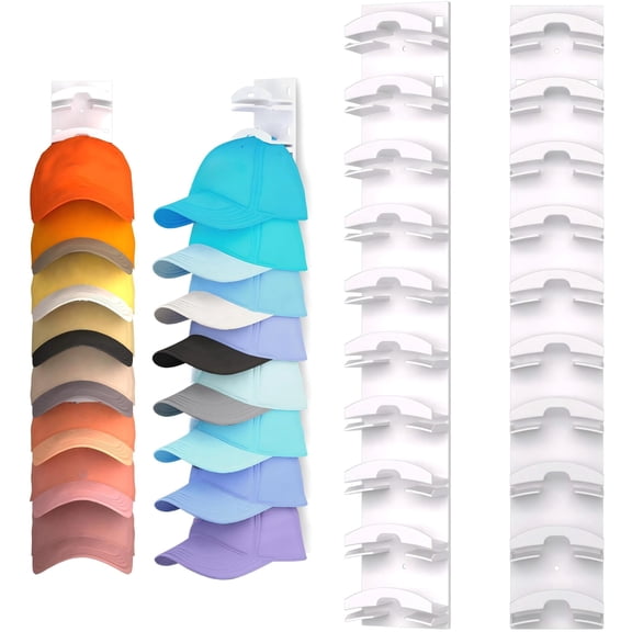 2 Pack White Hat Organizer, Wall-Mounted Baseball Cap Rack with Strong Adhesive for Door & Closet