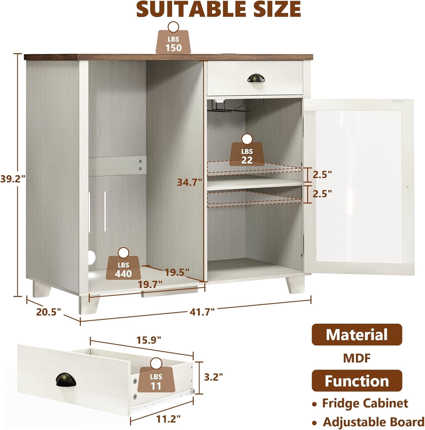 LAZZO Bar Cabinet with Mini Fridge Space, 41.7“ Storage Cabinet with Power Outlet and Goblet Holder for Kitchen, Dining and Living Room