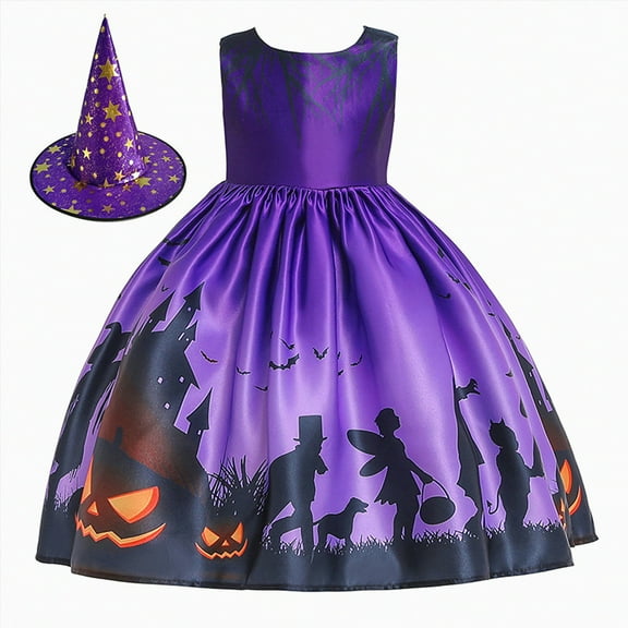 HCNTES Girls Skirt Comfortable Soft Fashion Halloween Print Children Prom Performance Dress(Purple,9-10 Years)