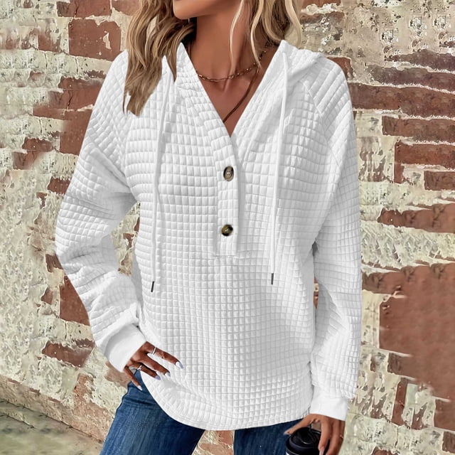 Sudadera con capucha y manga larga para mujer, informal, con botones y botones, con capucha y botones, de color liso