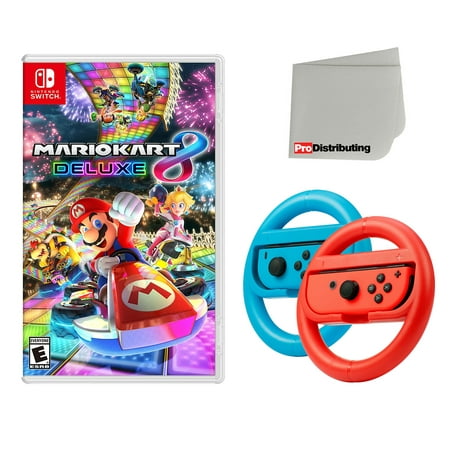 Mario Kart 8 Deluxe for Nintendo Switch Consoles with Joy-Con Steering Wheel Set and Screen Cleaning Cloth