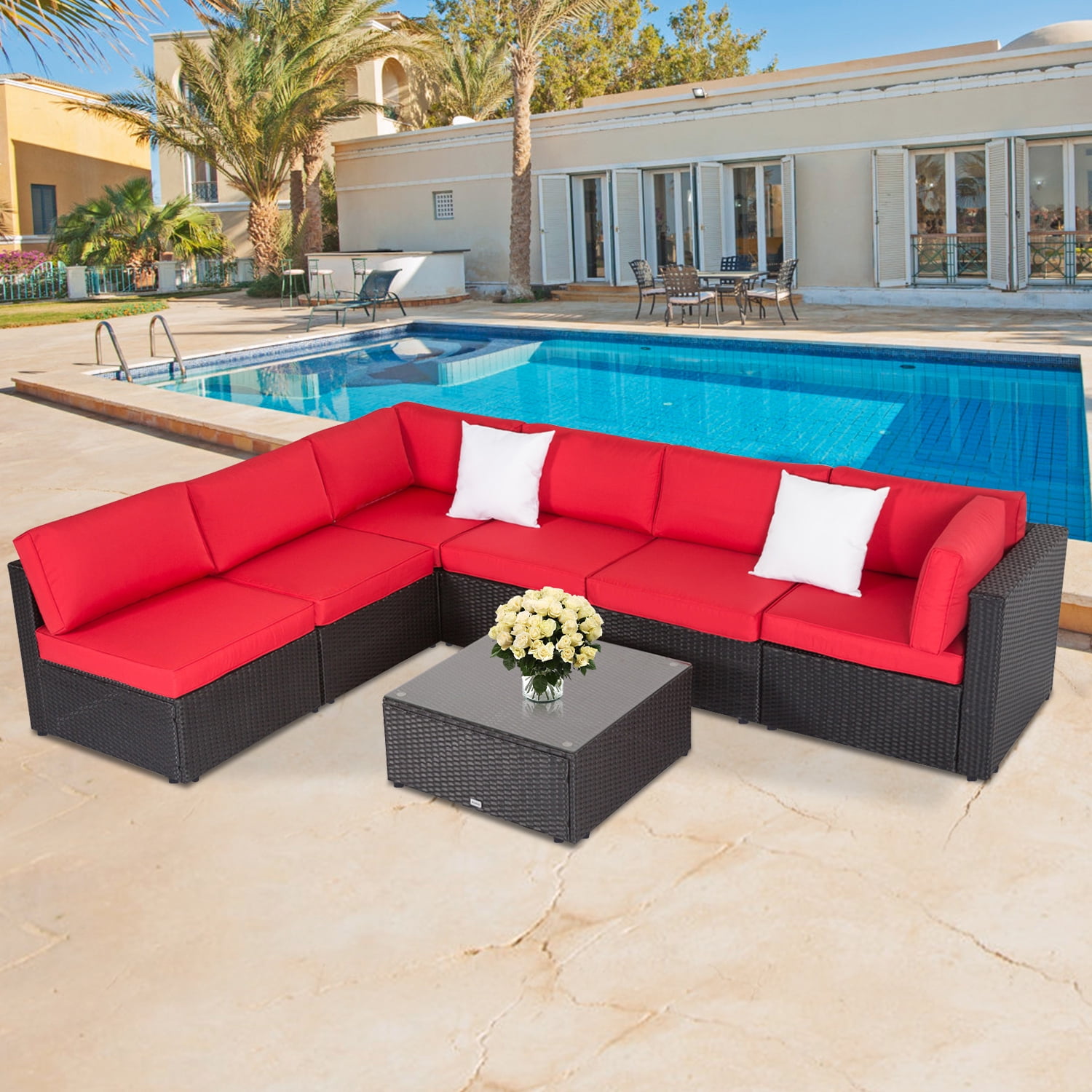 Kinbor 7pcs Outdoor Patio Furniture Sectional PE Wicker Rattan Sofa Set