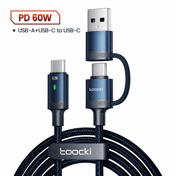 60W 2-in-1 USB-A/USB-C to USB-C Fast Charging Cable, LED Light, 6 ft (1.8 m), Braided, Dark Blue