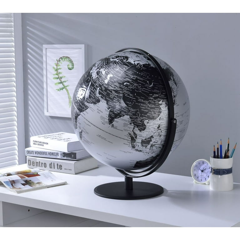 20.5 in BLACK/SILVER GLOBE W/ 3D MOUNTAIN FEATURES ON BLACK METAL