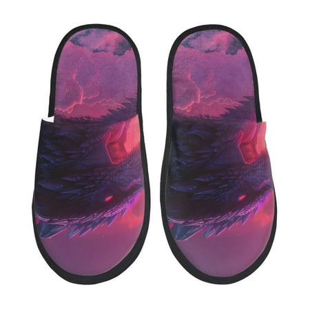 

Fuzoiu Mystical Dragon Under Moon Print Unisex Furry Slippers Plush Indoor Shoes Trendy House Slippers Anti-Skid EVA Sole House Shoes for Home Office and Travel -Medium