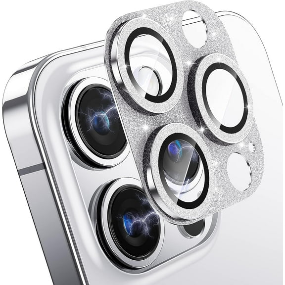 for iPhone 14 Pro/iPhone 14 Pro Max Camera Lens Protector, [NOT AFFECT PHOTOGRAPHING] Bling Glitter Shiny Diamond Metal Ring Tempered Glass Back Camera Screen Protector Lens Cover -Silver