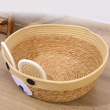 Cat Bed Basket Hand Woven Kitten Bed Round Rattan Cat Scratch Mat Pet Beds L L