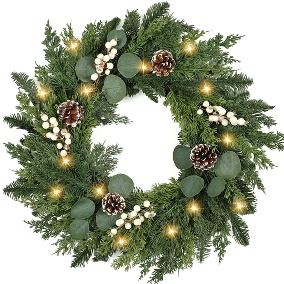 Lighted Christmas Garland 24 Inch Real Touch Pine Tree Garland with White Berries/Pinecones, Pre-Assembled Christmas Garland for Front Door Outdoor Christmas Decoration