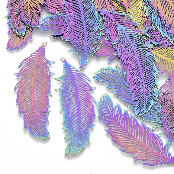 50pc Ion Plating(IP) 201 Stainless Steel Filigree Pendants Etched Metal Embellishments Feather Rainbow Color 47x19x0.3mm Hole: 1.2mm DIY