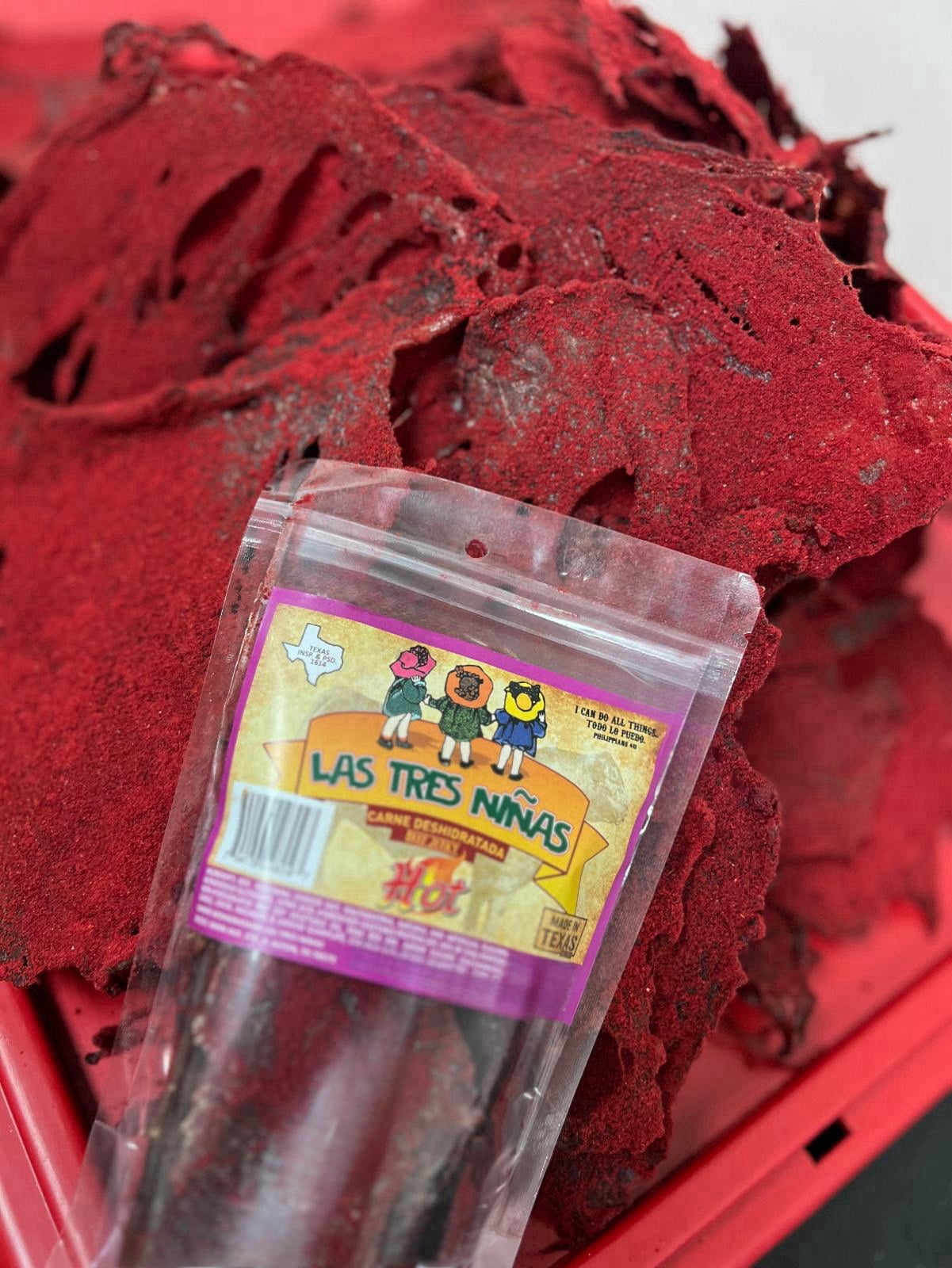 carne seca crunchy premium beef jerky red powder fuego hot mexican snack Texas made 2.6 oz.
