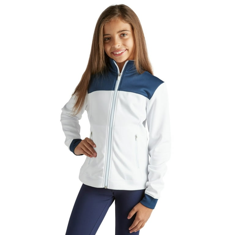 Covalent Activewear Girls Semi Fitted Varsity Team Jacket with Thumb Holes,  Full Zip, and Zippered Pockets