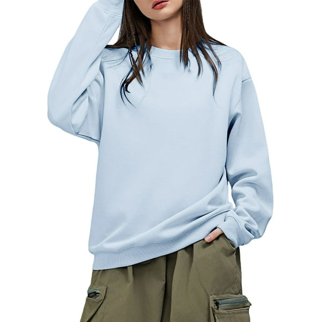 WTXUE Chandail Col Rond Chandail en Molleton Tunique Chandail en Molleton Surdimensionné Chandails en Molleton à Capuche Col Rond Pulls Décontractés Hauts Confortables Automne 2025 Pulls Décontractés Chandails en Molleton d'Hiver Mode Chandail en Molleton Bleu Clair P