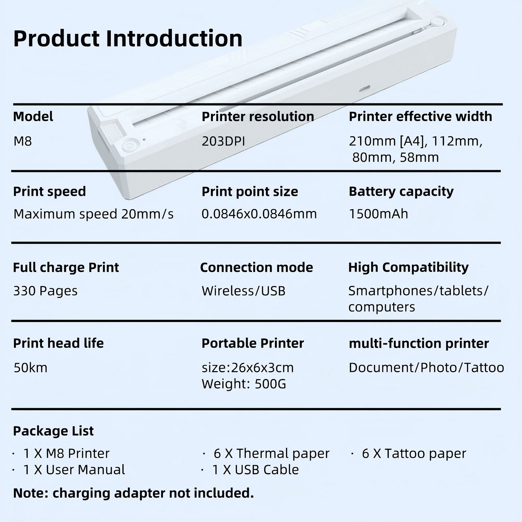 Wireless Tattoo Stencil Printer & A4 Thermal Printer with App Custom, Print Realistic Portraits, 6 Transfer Papers Included and Six Sheets of Thermal Paper