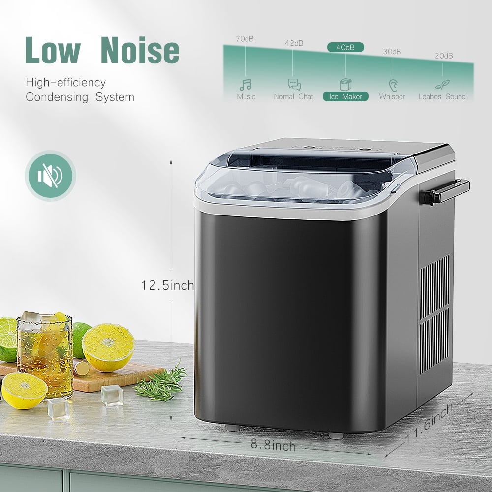 Portable Self Cleaning Countertop Ice Maker Machine, 6 Mins/9 Pcs, 26.5lbs/24Hrs, 2 Sizes of Bullet Ice, Ideal for Kitchen, Office, and Parties, Stainless Steel Black Ice Maker with Scoop and Basket