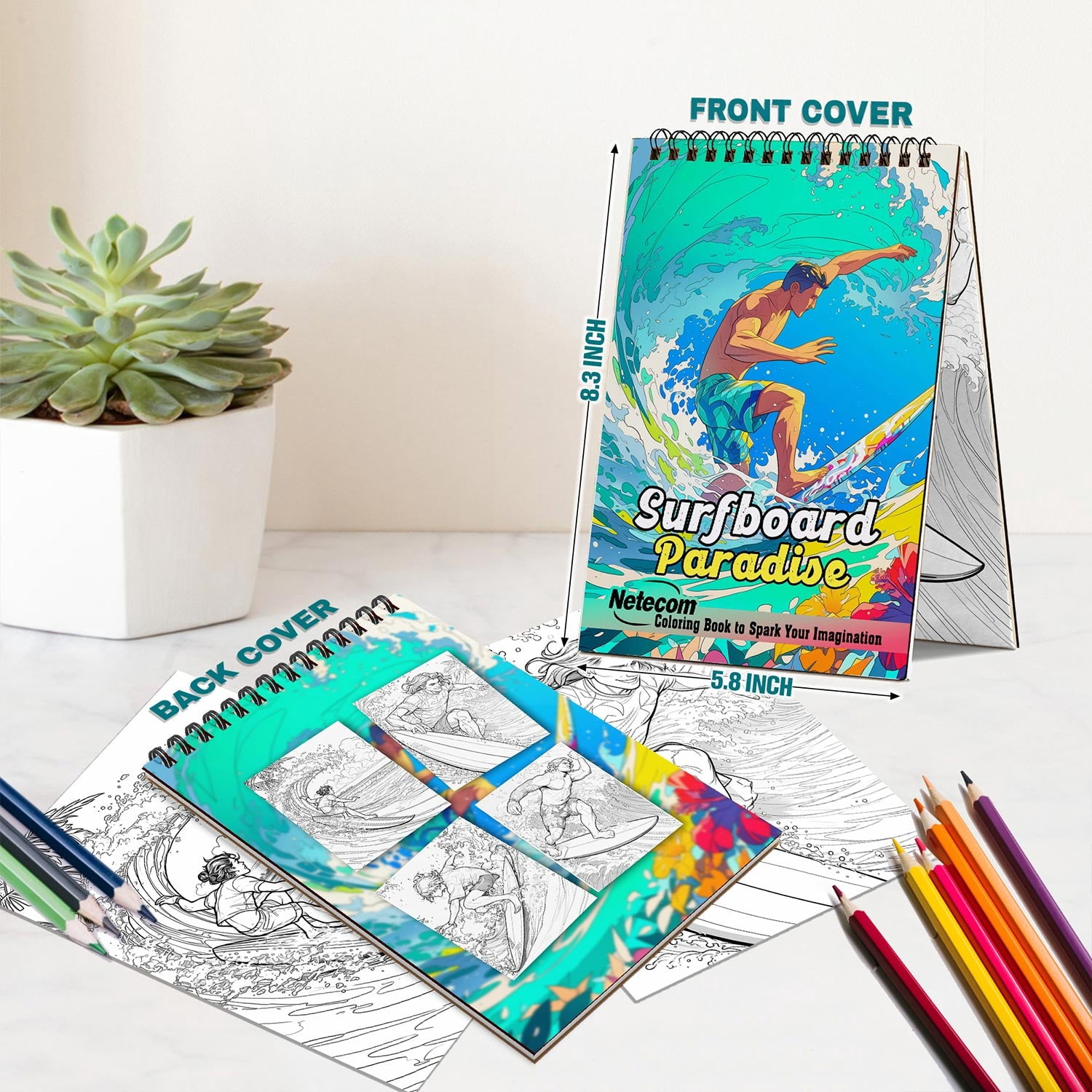 Netecom Surfboard Paradise Coloring Book for Adults, A5 Wooden Cover, 30 Beautiful Coloring Pages of Surfing Lifestyle for Stress Relief and Relaxation, Spiral Bound Edition