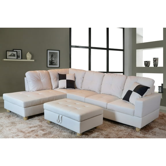 For-U Furnishing Classic White Faux Leather Sectional Sofa, Left Facing Chaise, 74.5"D x 103.5"W x 35"H