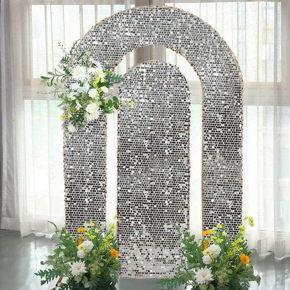 BalsaCircle 2 Silver Big Sequin Round Top Wedding Arch Backdrop Stand Covers Party Wedding Reception Events Decorations Supplies