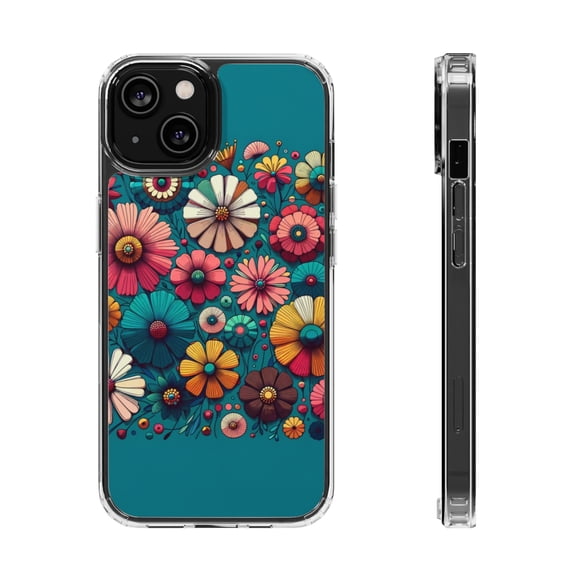 DistinctInk Hybrid (Acrylic / TPU) Clear Slim Fit Case for Apple iPhone 12 MINI (5.4" Screen) - Vibrant Spring Flowers Against Teal Background