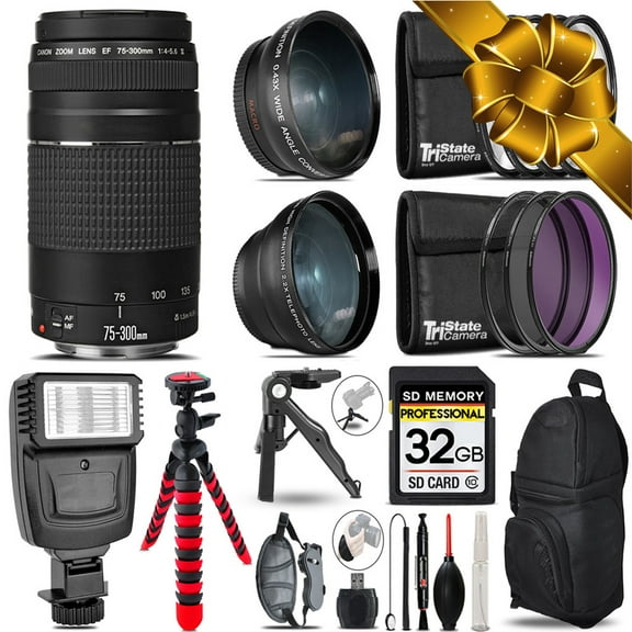 Canon EF 75-300 III - 3 Lens Kit   Slave Flash   Tripod - 32GB Accessory Bundle (International Version)