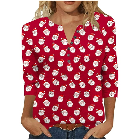 LiMoi Women's Festive Santa Print V Neck Blouse Three Quarter Sleeve Loose Fit Top for Holidays Tees Tshirts Shirts My Items