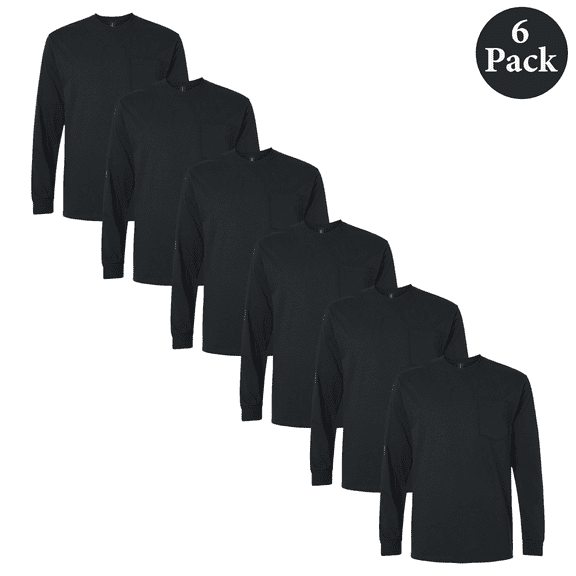Gildan Men's Ultra Cotton Pocket T-Shirt 6 Pack Long Sleeve Crew Neck Moisture-Wicking Black Tee S