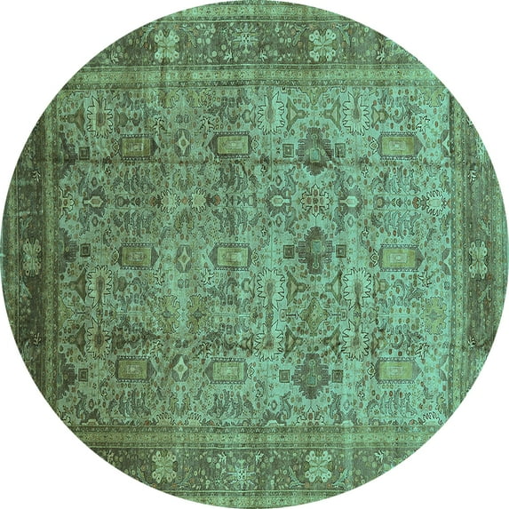 Ahgly Company Machine Washable Indoor Round Oriental Turquoise Blue Industrial Area Rugs, 3' Round