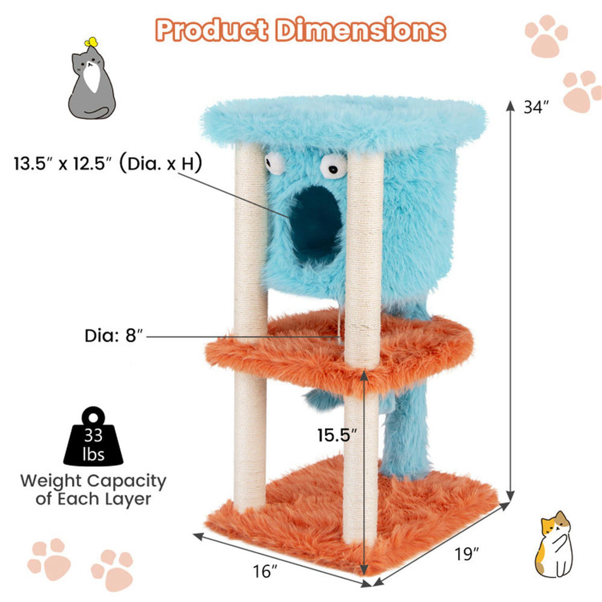 Kadyn 34" Cute Monster-Themed Cat Tree Tower with Private Cat Condos for Small Place, Blue+Orange