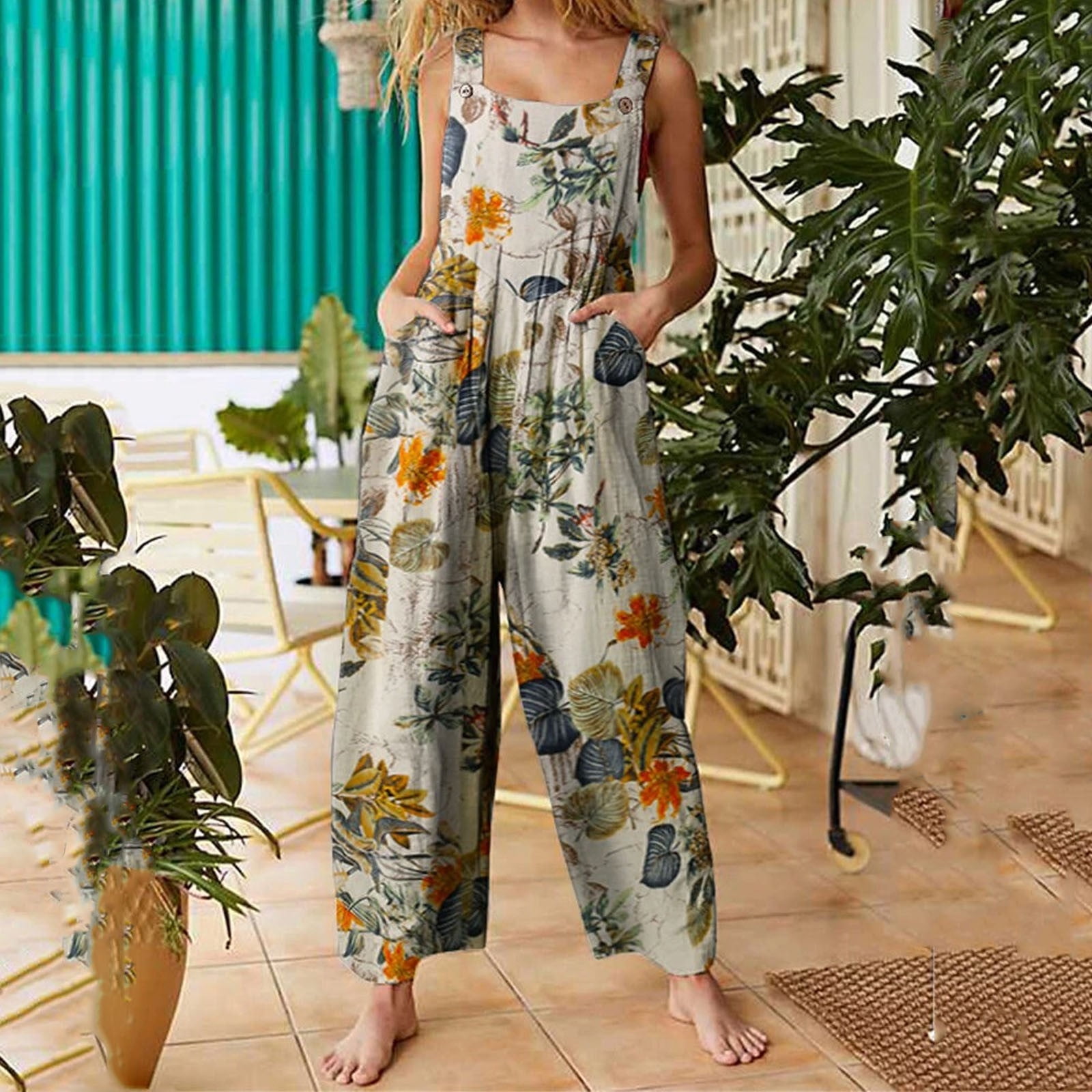 Womens Trends Pants Summer Plus Size Landscape Floral Printed Buttons ...