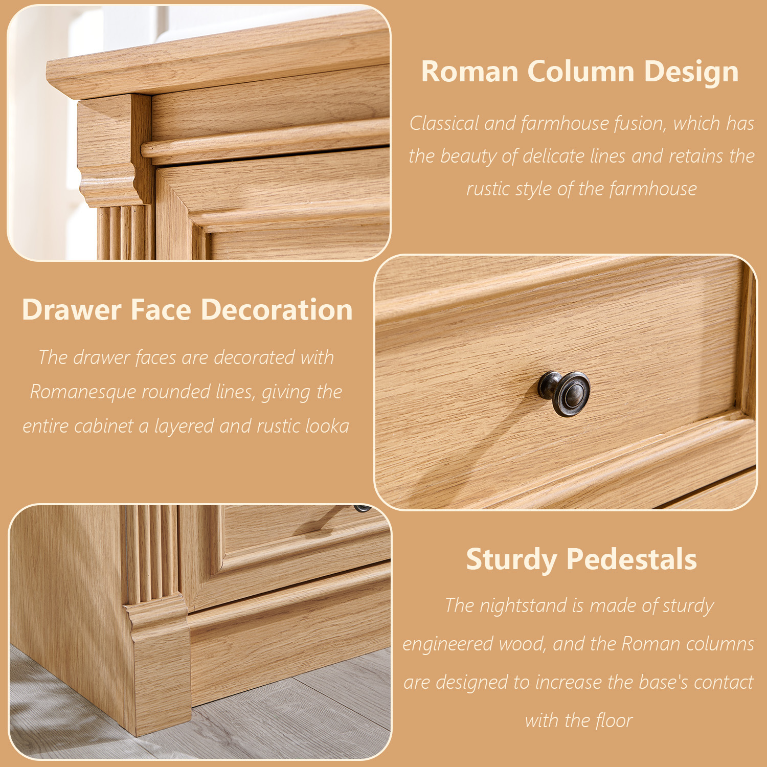 wow97e Farmhouse 6 Drawers Dresser for Bedroom, 48" Wide Wooden Chest of Drawers w/Roman Column, Storage Dressers for Hallway, Living Room