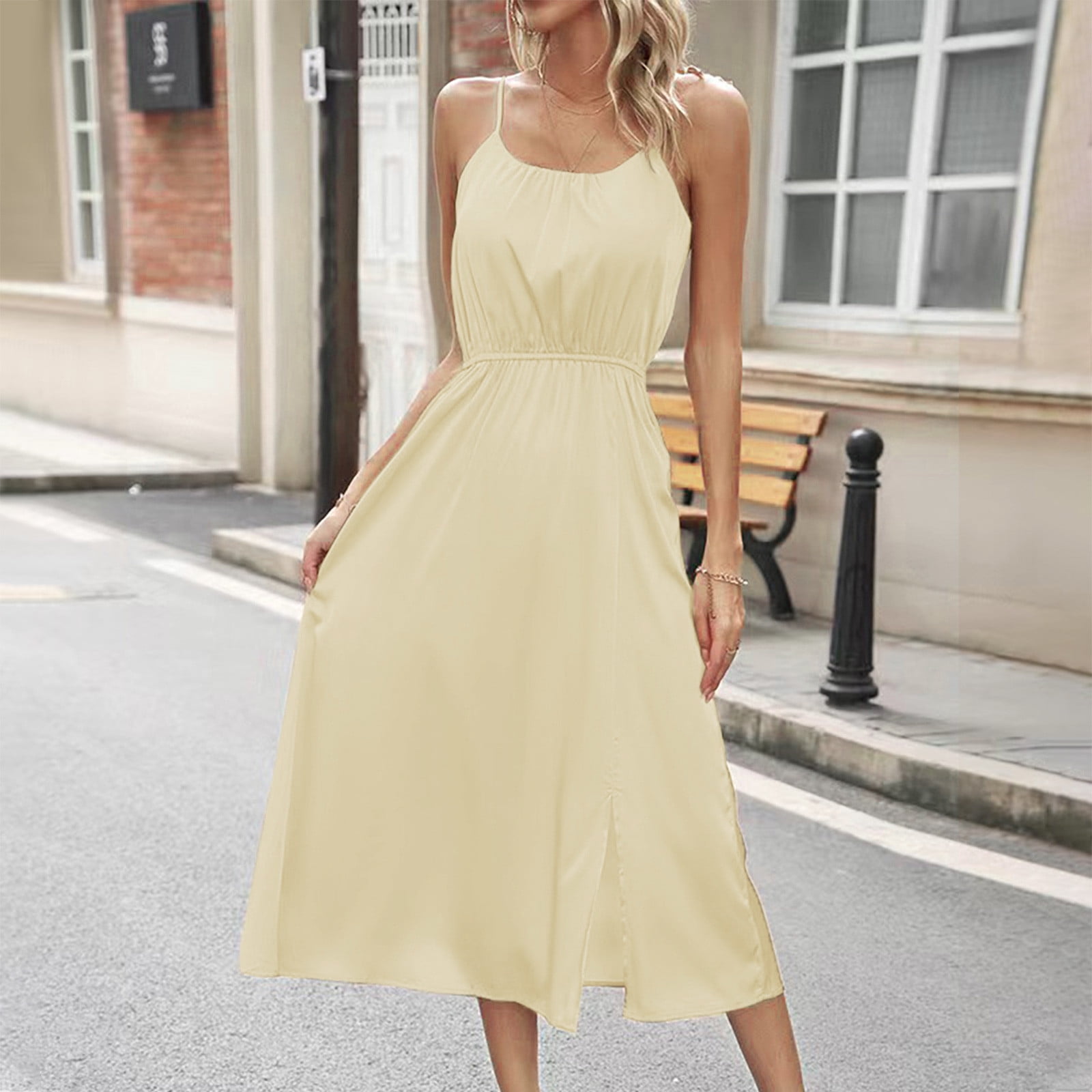 sachin and babi light blue dress Pisexur Dresses Women Beautiful Summer Dress for Women Casual Open Back  Adjustable Straps Slim Fitting Solid Elegant Temperament Sling Dresses  Beige,S