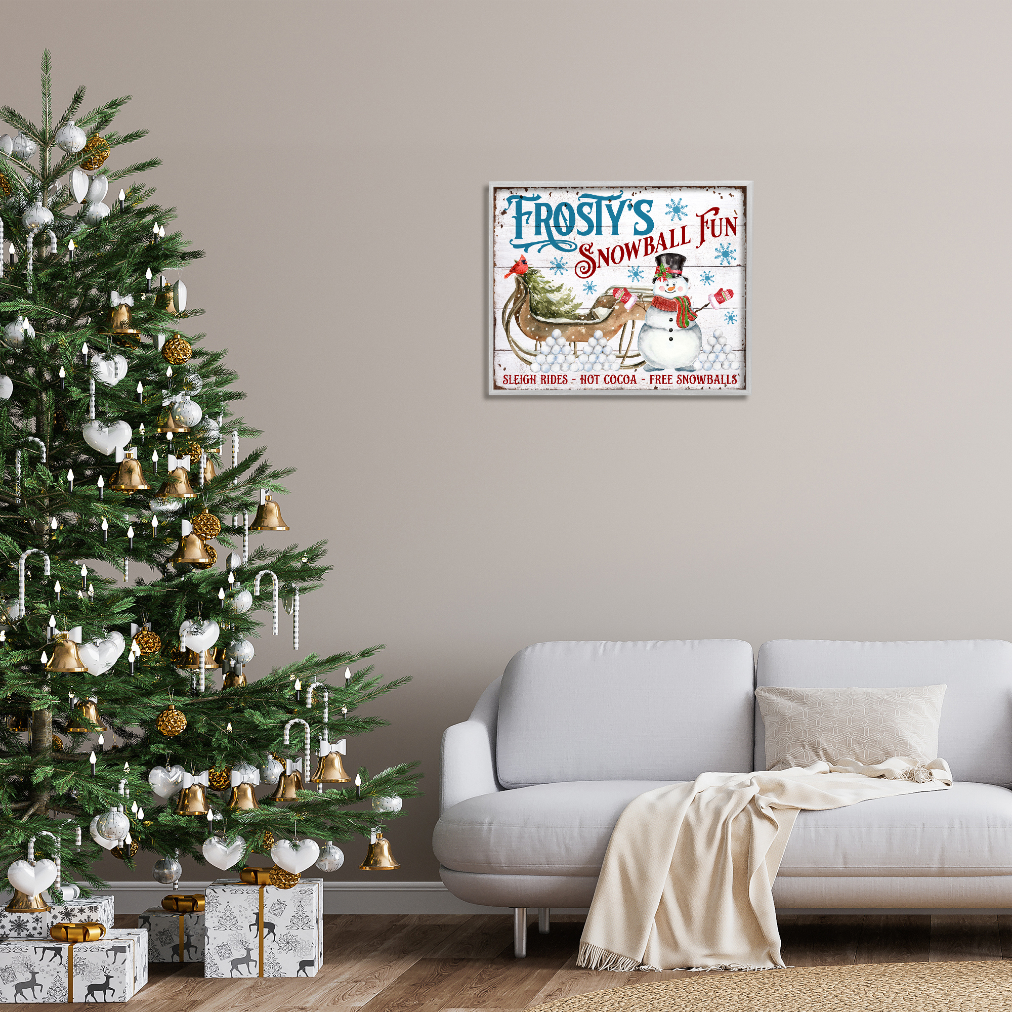 Stupell Industries Frosty's Snowball Fun Holiday Painting Gray Framed Art Prints Wall Art, 30 x 24