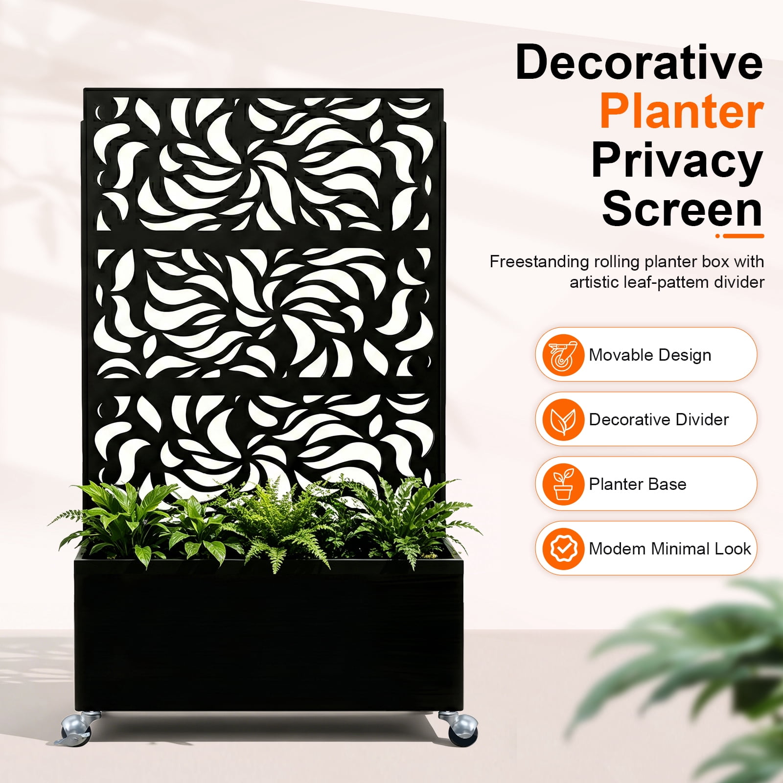 Privacy Screen with Planter Box, Black Metal Freestanding Decorative Fence Planter for Patio Balcony Backyard, 70.87" H x 46.06" W